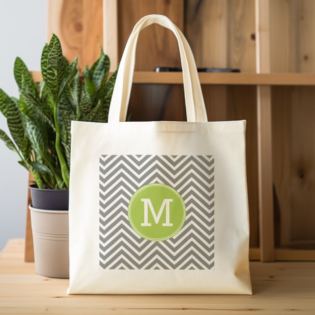 Graue und Limone Chevronen mit benutzerdefinierter Tragetasche (Personalized tote bag with chevrons and monogram)