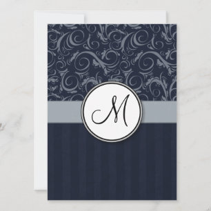 Graue und Navy Floral Wisps & Stripes mit Monogram Einladung