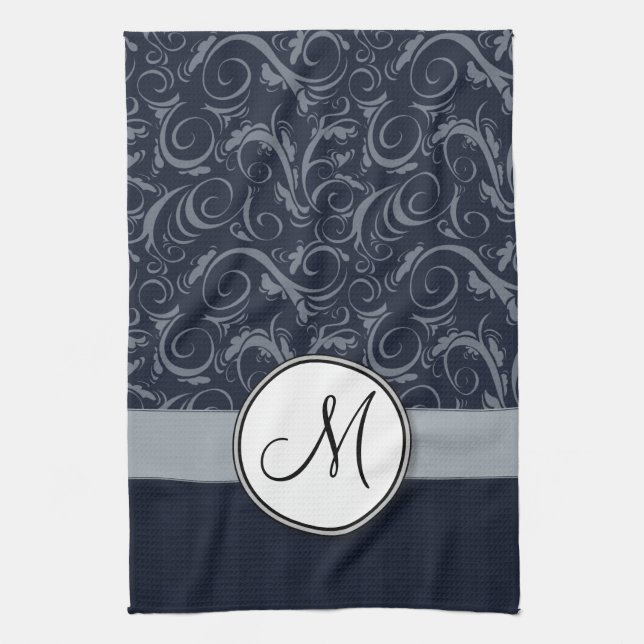 Graue und Navy Floral Wisps & Stripes mit Monogram Geschirrtuch (Vertikal)