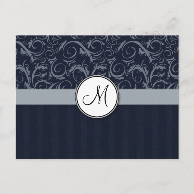 Graue und Navy Floral Wisps & Stripes mit Monogram Postkarte (Vorderseite)