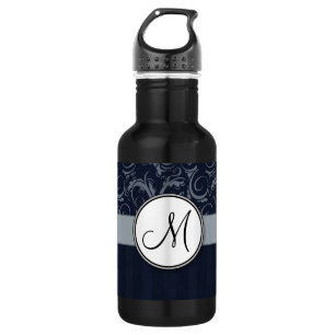 Graue und Navy Floral Wisps & Stripes mit Monogram Trinkflasche