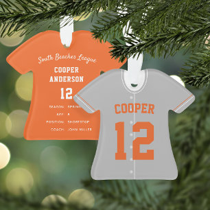 Graue und orangeblaue Baseballtrikot-Spielerstatis Ornament