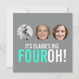 Graue und rosa 40. FOUROH! Foto Geburtstag einlade Einladung