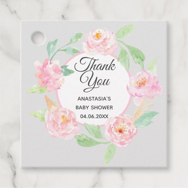 Graue und rosa Blumenstrauß Dankeschön Kinderdusch Geschenkanhänger (Vorderseite)