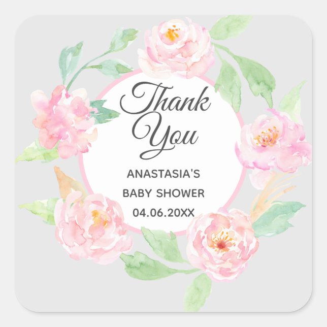 Graue und rosa Blumenstrauß Dankeschön Kinderdusch Quadratischer Aufkleber (Vorderseite)