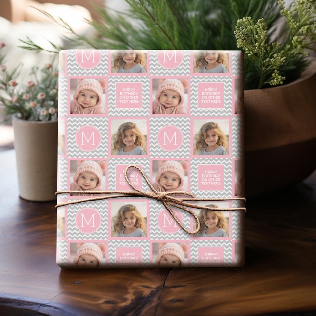 Graue und rosa Chevronen - Foto und Monogramm Geschenkpapier (Personalized Photo Wrapping Paper)