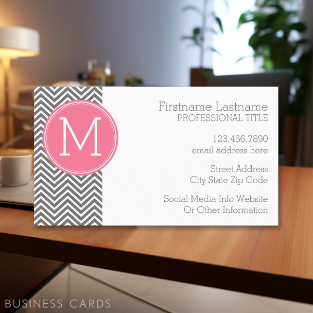 Graue und rosa Chevronen mit benutzerdefinierter M Visitenkarte (Personalized Printed Business Cards)