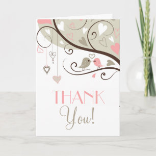 Graue und rosa Liebesvögel Hochzeit Danke Karte