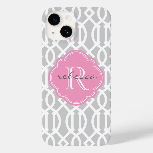 Graue und rosa moderne Trellis Custom Monogram Case-Mate iPhone Hülle (Rückseite)