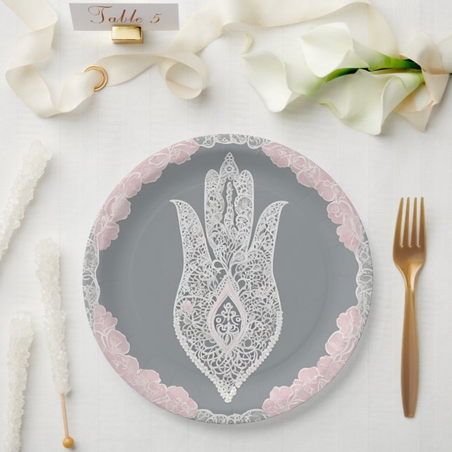 Graue und rosa Muster KI-Kunst  Pappteller (Hochzeit)