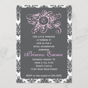 Graue und rosa Prinzessin Damask Invitation Einladung