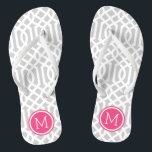 Graue und rosa Trellis Monogramm Flip Flops<br><div class="desc">Maßgeschneiderte,  bedruckte Flop-Sandalen mit einem stilvollen,  modernen Trellis-Muster und einem eigenen Monogramm oder einem anderen Text in einem Kreisrahmen. Klicken Sie auf Anpassen,  um Schriftart und Farben zu ändern oder eigene Bilder hinzuzufügen,  um ein einzigartiges Design zu erstellen!</div>