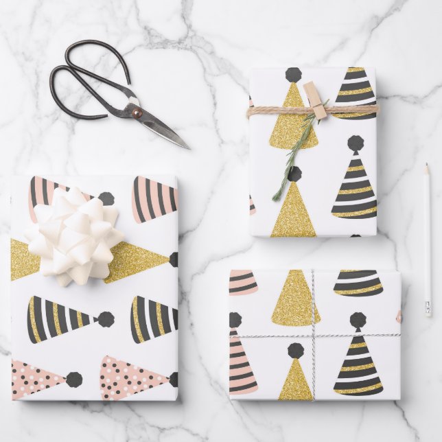 Graue und rosafarbene Birthday Hats Geschenkpapier Set (Vorderseite)