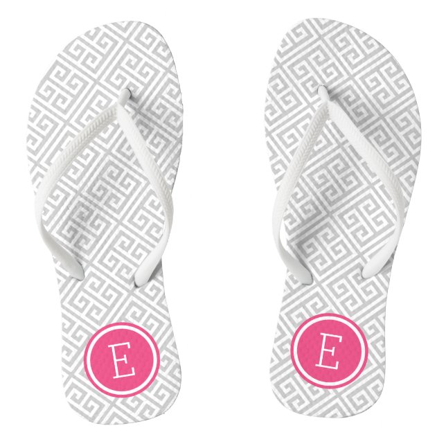 Graue und rosafarbene griechische Schlüsselmonogra Flip Flops (Fußbett)