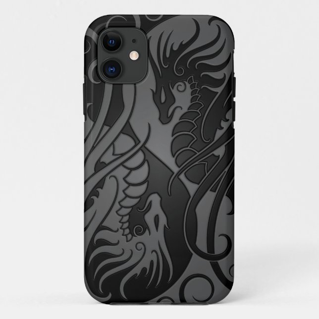 Graue und schwarze fliegende Yin Yang Drachen Case-Mate iPhone Hülle (Rückseite)