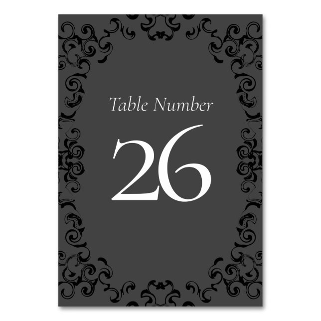 Graue und schwarze Swirl Gothic Wedding Tischnummer (Rückseite)