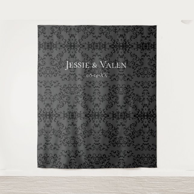 Graue und schwarze Swirl Gothic Wedding Wandteppich (Vorderseite)
