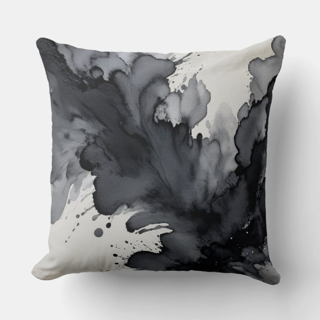 Graue und schwarze Wasserfarbe Abstrakt Kissen (Vorderseite)