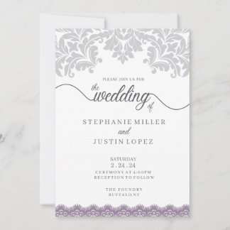 Graue und staubige lila Schriftrolle Hochzeitseinl Einladung