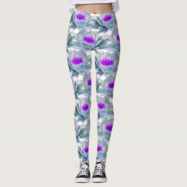 Graue und violette Blumenmuster Leggings (Vorderseite)