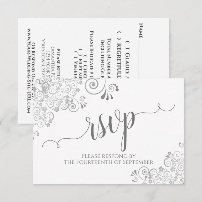 Graue und weiße elegante Kalligraphie Frilly Weddi RSVP Karte (Vorne/Hinten)