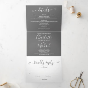 Graue und weiße elegante Schrift Foto-Hochzeit Dreifach Gefaltete Einladung