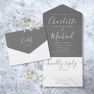 Graue und weiße elegante Schrift Hochzeit All In O One Einladung