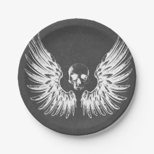 Graue und weiße Felsen-Engelsflügel-Totenkopf Pappteller