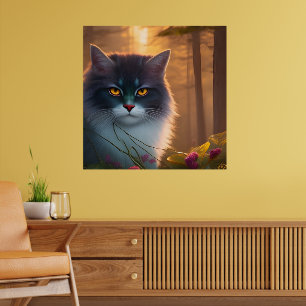 Graue und weiße flauschige Waldkatze , Fantasie Poster