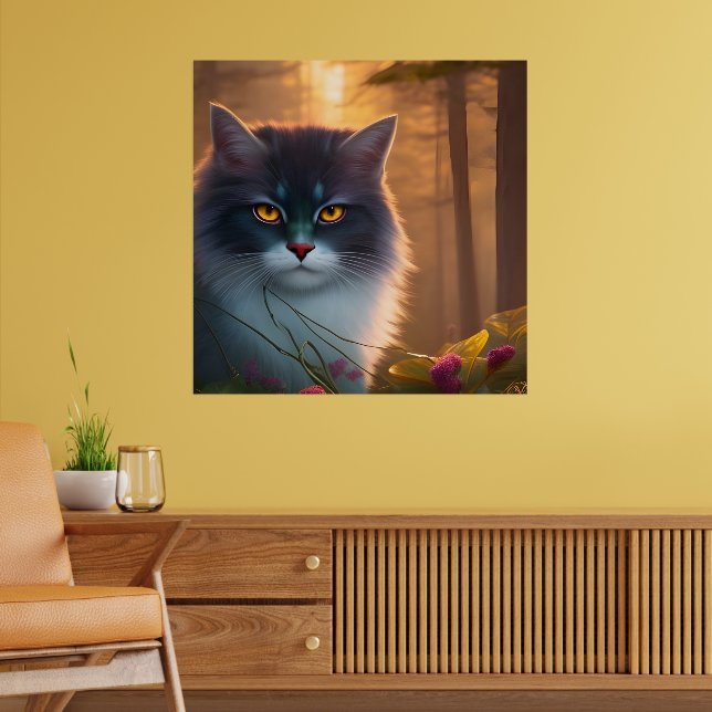 Graue und weiße flauschige Waldkatze , Fantasie Poster (Wohnzimmer 2)