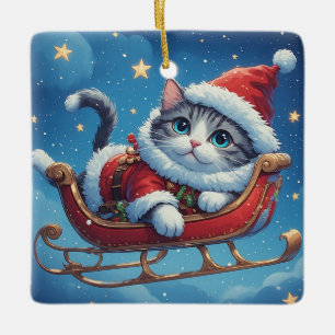 Graue und weiße Katze entspannt sich in einem Weih Keramikornament