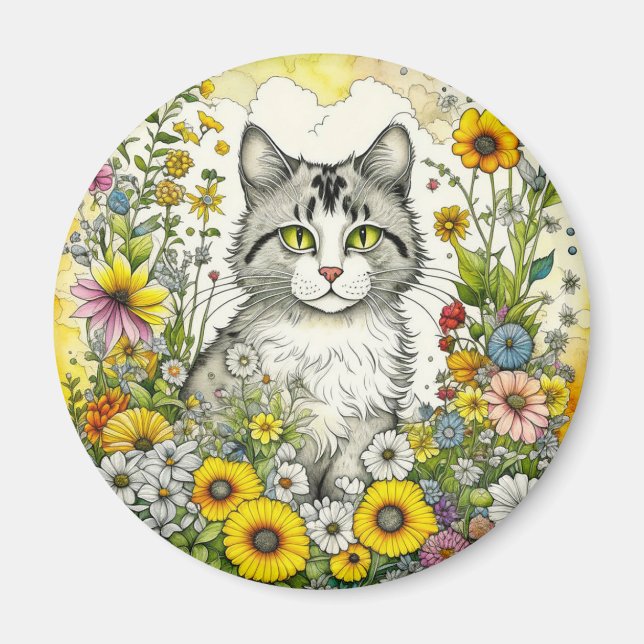 Graue und weiße Katze Sitzen in Blume Magnet (Vorne)