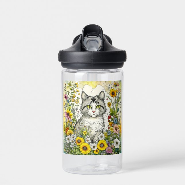 Graue und weiße Katze Sitzen in Blume Trinkflasche (Vorne)