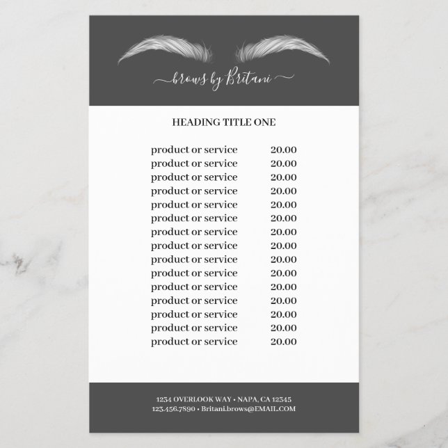 Graue und weiße Lashes & Brows Preise & Services Flyer (Vorne)