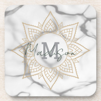 Graue und weiße Marmoreffekte Gold Mandala Monogra Getränkeuntersetzer