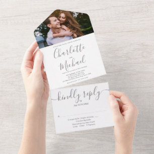 Graue und weiße moderne Schrift Foto-Hochzeit All In One Einladung