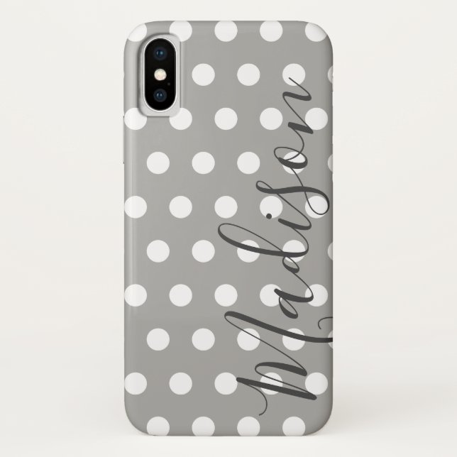 Graue und weiße Polka Dot Personalisierter Name Case-Mate iPhone Hülle (Rückseite)