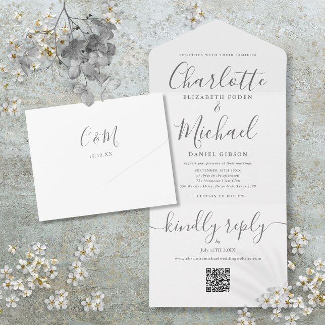 Graue und weiße QR-Code-Skript Minimalistische Hoc All In One Einladung (Gray And White QR Code Script Minimalist Wedding All In One Invitation)