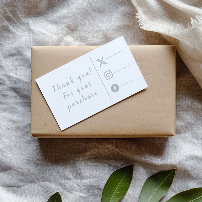 Graue und weiße soziale Verknüpfungen Karten einfü (White and grey silver "Thank you for your purchase" insert card with social media icons and details)