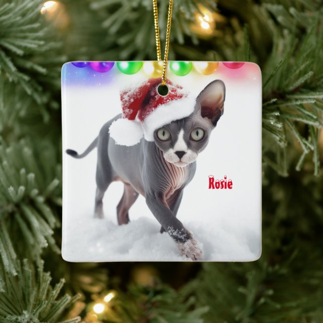 Graue und weiße Sphynx Weihnachten Keramikornament (Baum)