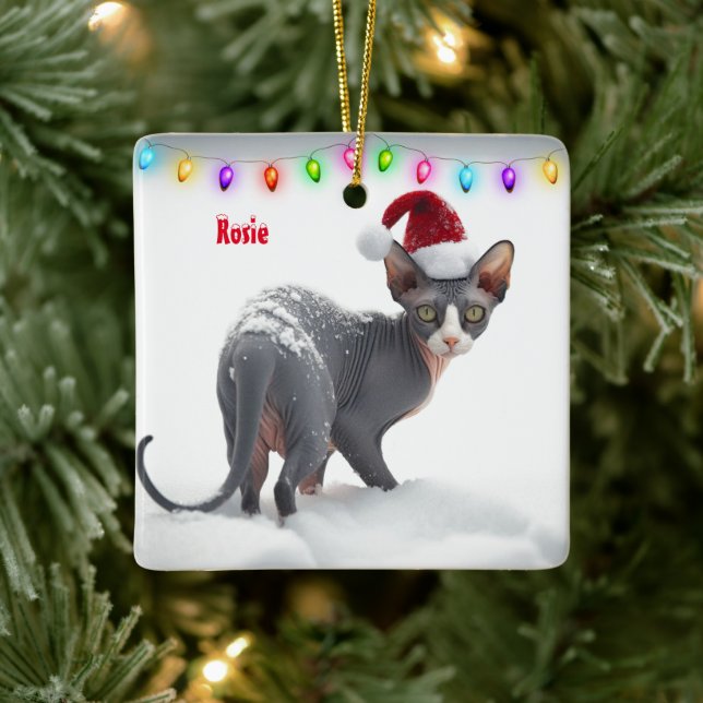 Graue und weiße Sphynx Weihnachten Keramikornament (Baum)