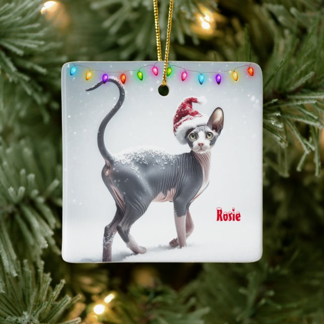 Graue und weiße Sphynx Weihnachten Keramikornament (Baum)
