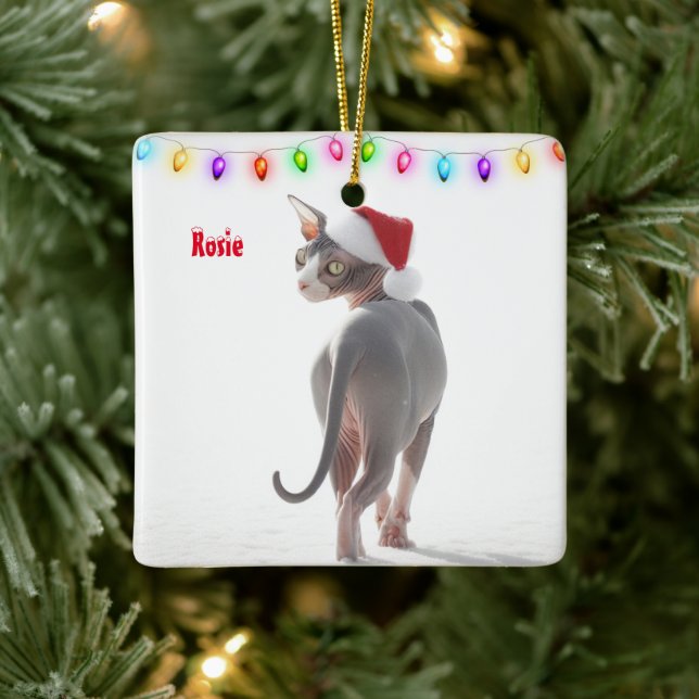 Graue und weiße Sphynx Weihnachten Keramikornament (Baum)