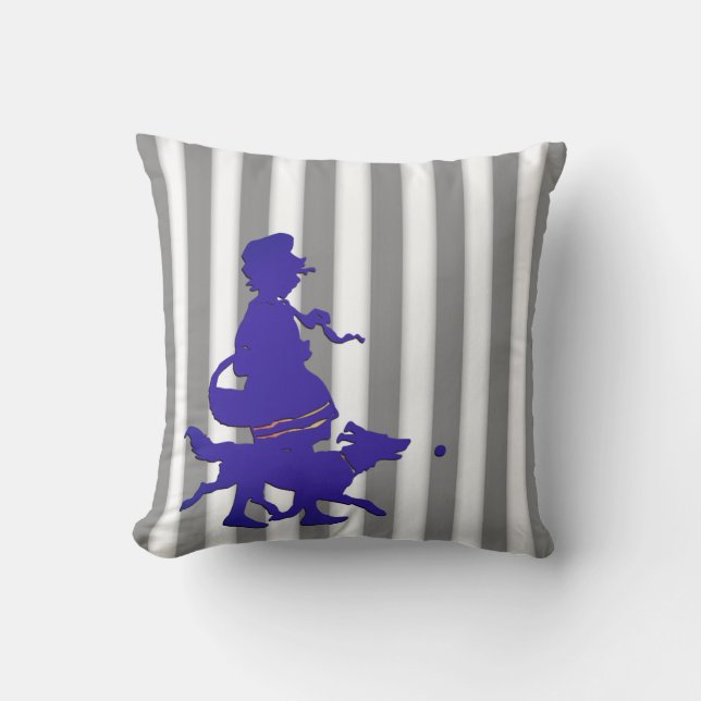 Graue und weiße Streifen Kind & Hund Blaue Silhoue Kissen (Vorderseite)