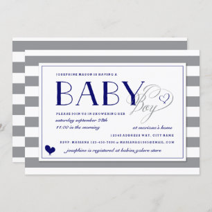 Graue und weiße Stripe Baby Boy Navy Blue Baby Dus Einladung