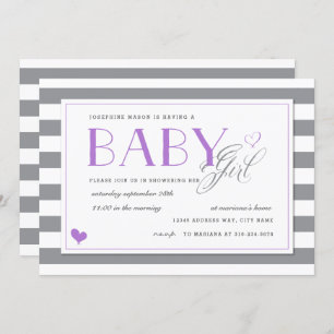 Graue und weiße Stripe Babydusche + Lavendel Lila Einladung