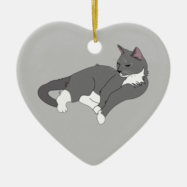 Graue und weiße Tuxedo Katze Keramik Ornament (Vorne)