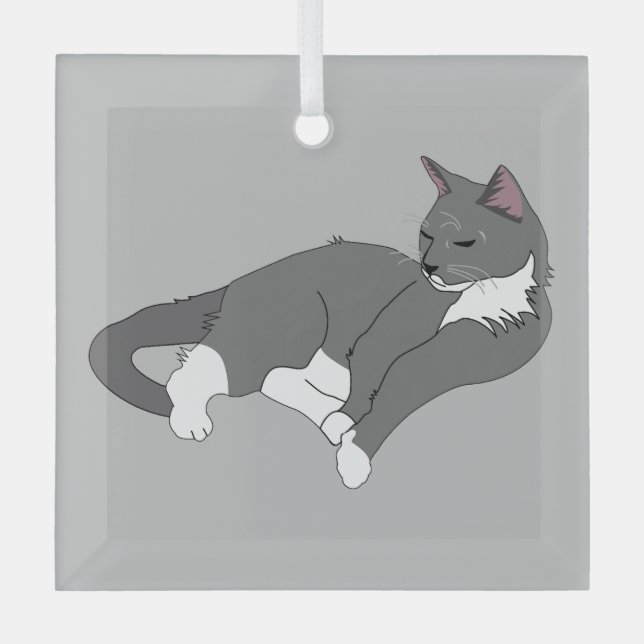 Graue und weiße Tuxedo Katze Ornament Aus Glas (Vorderseite)