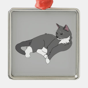 Graue und weiße Tuxedo Katze Ornament Aus Metall