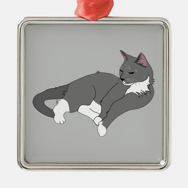 Graue und weiße Tuxedo Katze Ornament Aus Metall (Vorne)